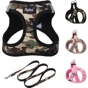 PUPTECK Dog Harness and Leash Set for Small Medium Dogs No Pull Step-in Soft Mesh Puppy Cat Vest Harnesses Reflective at Night, Camouflage, S (S(CHEST 14.5"-16", 6.6-14 lbs))