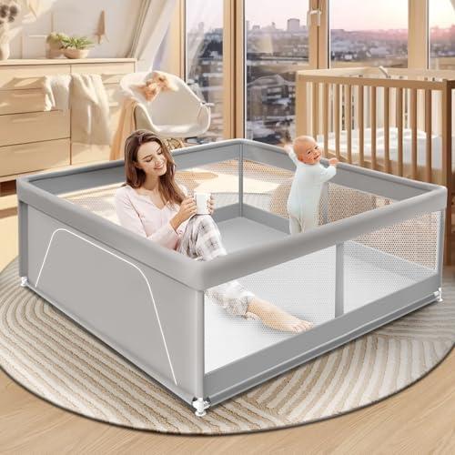 XVISHX Baby Playpen 42 x 42 Inch Play Pen Playards, Playpen for Babies and Toddlers, Baby Playard for Indoor & Outdoor Active Center Game Fence, with Skin-Friendly Fabric and Soft Breathable Mesh Grey