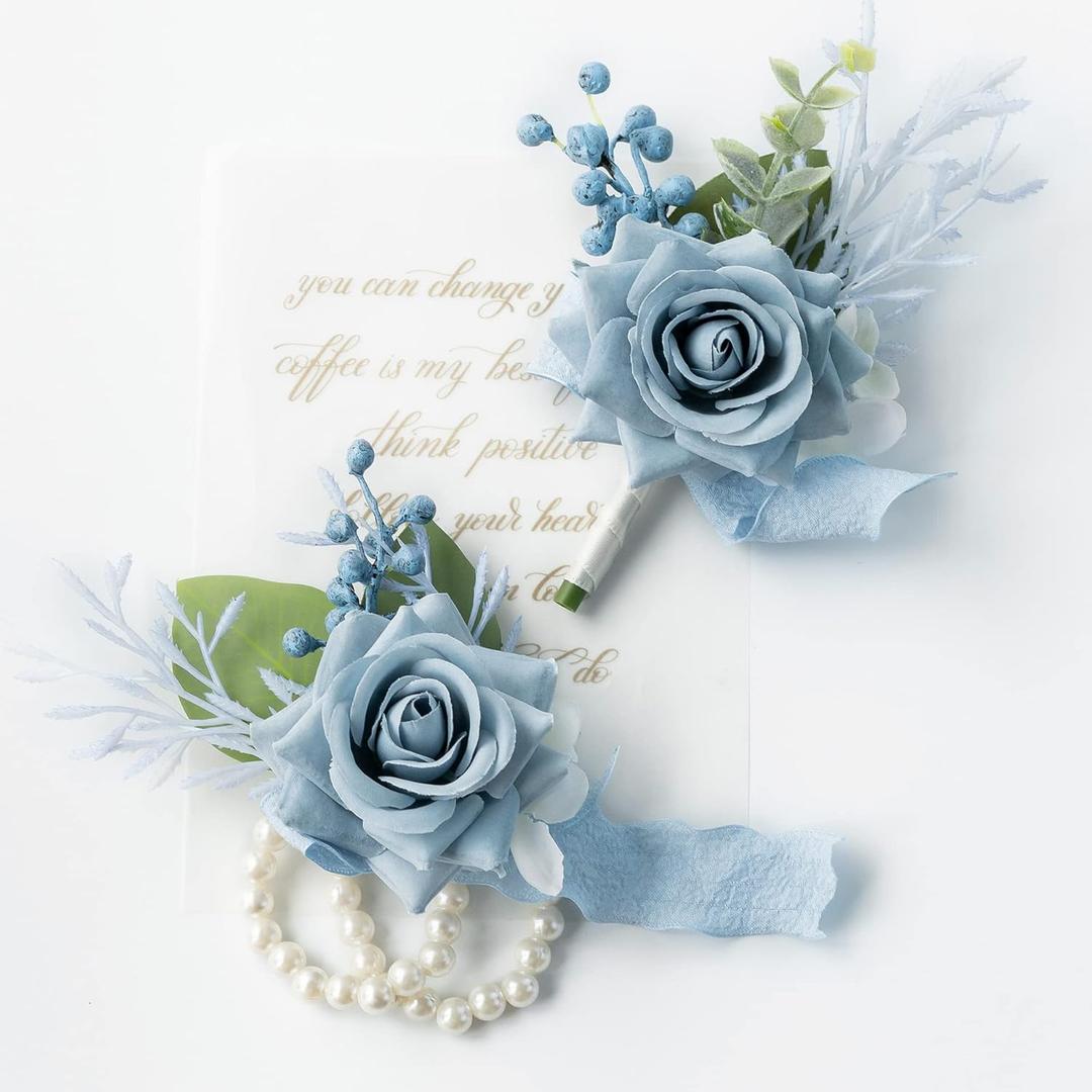 Wrist Corsage Wristlet and Boutonniere Set for Wedding Bridesmaid Mother Grandmother for Bridal Shower Wedding Artificial Roses Flower Prom Set of 2 (Dusty Blue)