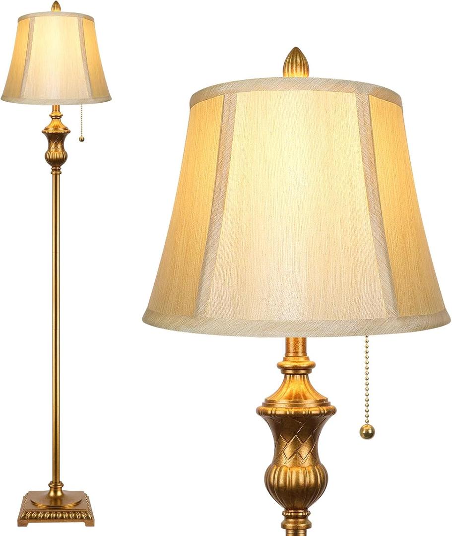 Gold Vintage Floor Lamp for Living Room, Traditional Mid-century Floor Lamp with Elegant Silk Fabric Lampshade, 64inch Tall Standing Lamp Bedroom LED Pole Lamp, Retro Stand Up Lamp for Home Office