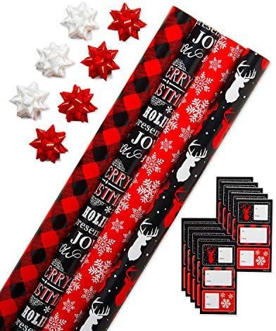 2 PCSAmerican Greetings Buffalo Plaid Christmas Wrapping Paper Set, Red and Black Holiday Gift Wrap (120 sq. ft., 4 rolls-30 in. x 12 ft., 7 Adhesive Bows, 30 Gift Tag Stickers) Snowflakes and Reindeer