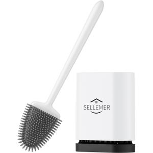 Sellemer Toilet Brush and Holder Set - Flexible Toilet Bowl Brush Head with Silicone Bristles, Compact Size for Storage and Organization, Ventilation Slots Base (1 Pack, White)