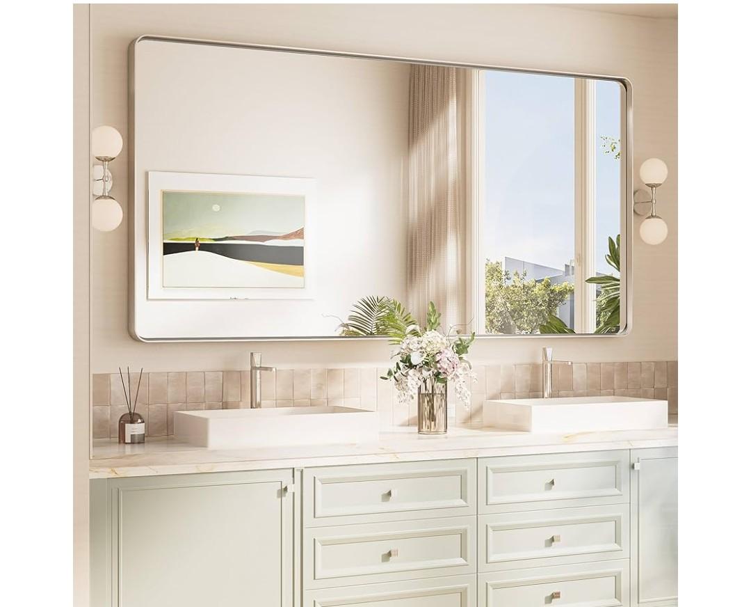 TokeShimi 72x36 Brushed Nickel Bathroom Wall Mirror Vanity Metal Frame Round Corner Rectangular for Home Decor Living Room Entryway