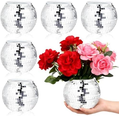 Sunmuliiiy 6 Pcs Disco Ball Vase 4" X 4.7" Disco Ball Vases for Centerpieces Silver Mirror Disco Ball Planter for Wedding Table Centerpieces Birthday Party Decoration