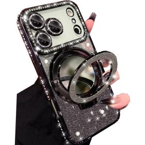 Magnetic Kickstand Glitter Case for iPhone 17 Pro Max,[Compatible with Magsafe] Cute Bling Sparkly Rhinestones with Camera Protector Makeup Mirror Women Girls Case for iPhone 17 Pro Max,Black
