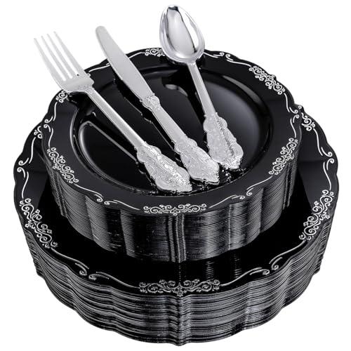 DaYammi 150 Pcs Black Silver Plastic Plates & Silver Plastic Silverware,Black silver Disposable plates for Include 30 Dinner Plate,30 Dessert Plate,30 Knives,30 Forks,30 Spoons for Party Wedding