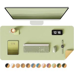 YSAGi Double-Sided Desk Pad, 35.4"x17" Leather Desk Mat, Eco Cork Desk Pad Protector,Large Mouse Pad,Waterproof Desk Blotter for Office/Home (Matcha Green/Cork)