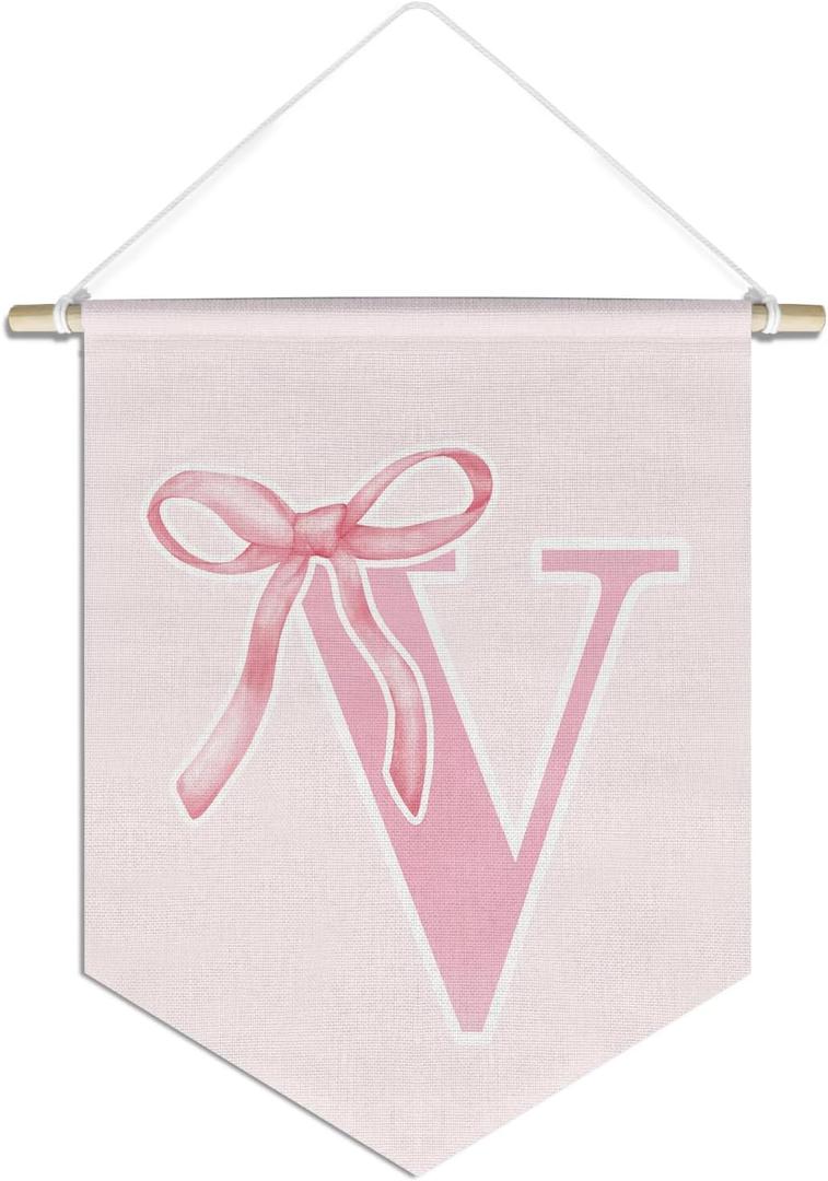 initial Personalized Preppy Canvas Hanging Pennant Flag Banner, Coquette Pink Bow Teen Girl Gifts,Trendy Cute Monogrammed Gifts Wall Decor for Women Teen Girl Nursery Bedroom(V)