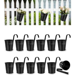 12 Pack Railing Planter for Outdoor Plants - 4 Inch Small Balcony Hanging Flower Pots with Detachable Hooks and Drain Holes Metal Oval Bucket Rail Box Fence Planters for Home Garden Decor, Black