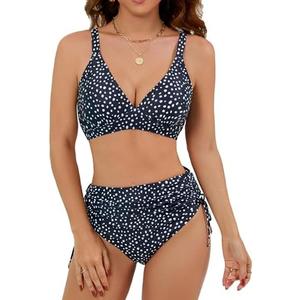 Edelqual Women High Waisted Bikini Sets Tummy Control Swimsuits Two Piece Bathing Suit 2025 Full Coverage Swimwear, Extra Large, Black Polka Dots 