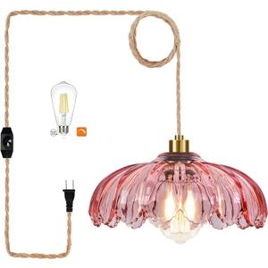 QIYIZM Pink Plug in Pendant Light Glass Hanging Lights with Plug in Cord Boho Hanging Lamp Gold Mid Century Modern Vintage Dimmable Flower Plug in Chandelier Ceiling Fixture for Living Room,Bedroom
