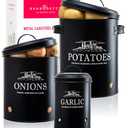 Noonberry Potato and Onion Storage Bin Set – 3-Piece Ventilated Potato Storage Bin, Onion Storage Container and Garlic Container – Matte Black Finish