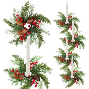 Giegxin 6 Pcs Christmas Taper Candle Rings Wreath with Burgundy Red Berry 1.25" Inner Diameter Mini Artificial Cedar Pine Garland Candle Ring Holder for Christmas Wedding Winter Home Table Centerpiece (Green)