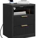 Fluted Nightstand with Charging Station, End Table with 2 Drawers, Wooden Night Stand with Open Storage Cabinet, Modern Bedside Table for Bedroom, Living Room, Office, Black ETBK254E01