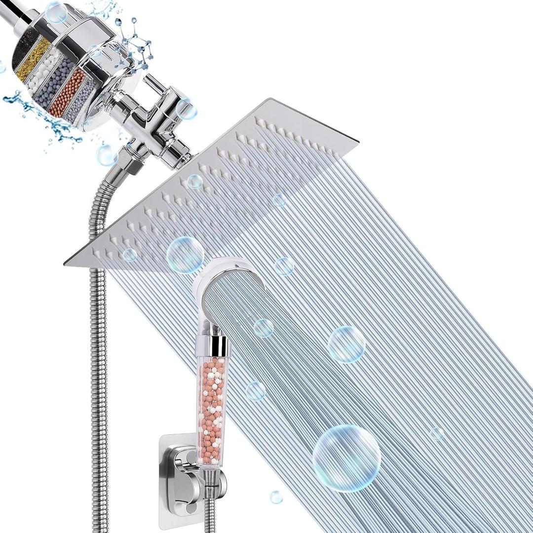Filter Shower Head, High Pressure 8 Inch Rainfull with Filter Combo for Hard Water, Remove Chlorine Fluoride and Harmful Substances- 1 Replaceable Filter Cartridge (Square, Chrome)