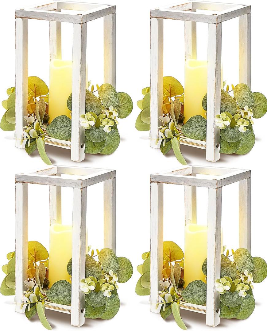 Huquary 8 Pcs Wooden Wedding Lantern Centerpiece for Table Decoration Includes 4 Farmhouse Candle Holder and 4 Flameless Decorative LED Candles for Rustic Home Wedding Decor(White)
