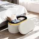 30.7 Inches Oval Ottoman Bench with Storage, Teddy Fleece Folding Footrest Ottoman, Soft Seat Cushion for Living Room, Entryway, Bedroom, White, 30.7"D x 15"W x 15"H