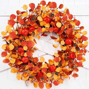 Artificial Fall Wreath 22 inch Fall Wreaths for Front Door with Pumpkin Eucalyptus Leaves Berries and Pine Cones Autumn Wreaths for Indoor Outdoor Thanksgiving Harvest Festival Celebrations