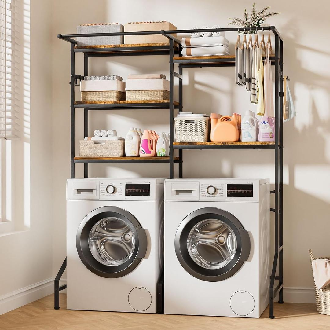 Homde Over The Washer and Dryer Storage Shelf, 5-Tier Heavy Duty Laundry Room Organizer Standing Shelf with Hanger Rod & Anti-Tip, Space Saving Rust Proof Shelving for Bathroom, Balcony, 57.4 inches L x 22.4 inches D x 72.8 inches H