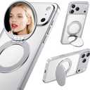 Magnetic Phone Case Stand with Mirror for MagSafe Universal Metal Adjustable Kickstand for iPhone 17/16/15/14 Pro Max Slim Phone Mirror for All Smartphone Used for Women Outdoor Makeup White