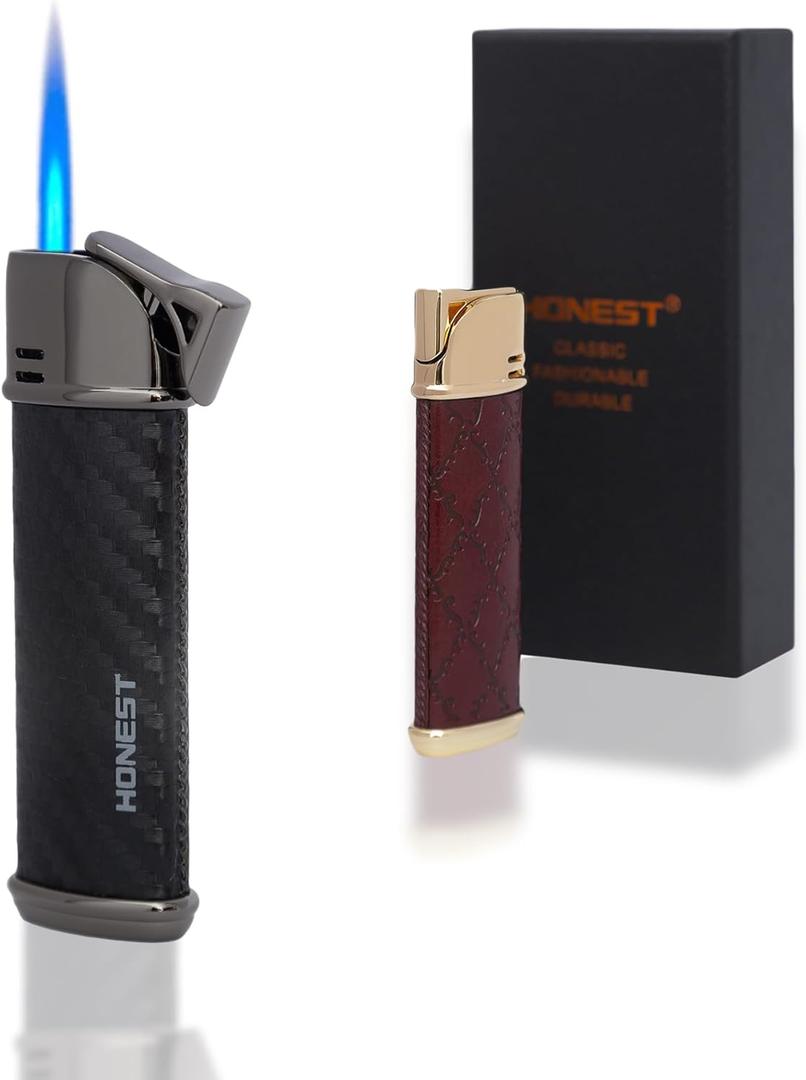 Butane Torch Lighter Leather Body 2 Pack Single Jet Flame Windproof Gift Box (red+Black)