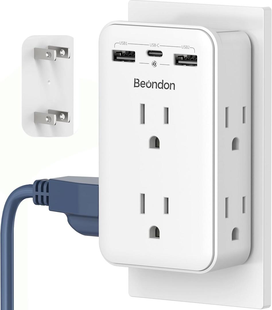 BEONDON 2 Prong to 3 Prong Outlet Adapter, Multi Plug Wall Outlet with 3 USB Ports (1 USB-C) and 6 AC Outlets, 3-Sided Power Strip for Non-Grounded Outlets in Old Houses, Hotels