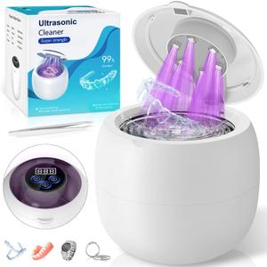 Wireless Ultrasonic Retainer Cleaner Machine 48kHz 210ML Ultrasonic Cleaner, Dental Cleaning Pod with 6 UV Lamps, Digital Timer, 4 Modes, UV Cleaner for Dentures, Aligners, Braces, Jewelry