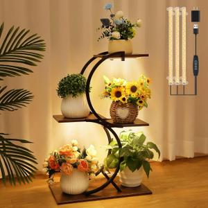 Dreyoo 3 Tiered Metal Plant Shelf with Grow Lights, S Shaped Indoor Stand for Living Room, Bedroom, Patio (Black)