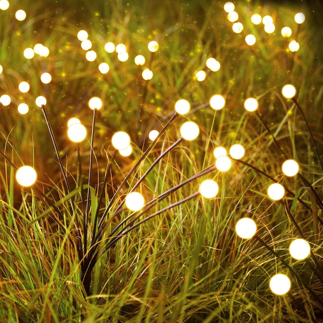 Brightown Solar Garden Lights - 4 Pack 48 LED Firefly Lights with 2 Lighting Mode, Sway by Wind, Waterproof Solar Light for Outdoor Outside Yard, Warm White (Globe)