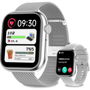 Smart Watches for Men Women(Answer/Make Calls),7 Day Battery Fitness Tracker Watch SpO2/HR/Sleep/BP,120+ Sports Activity Trackers,IP68 Smart Watch for Android/iOS,120+Dials,2 Bands,Silver