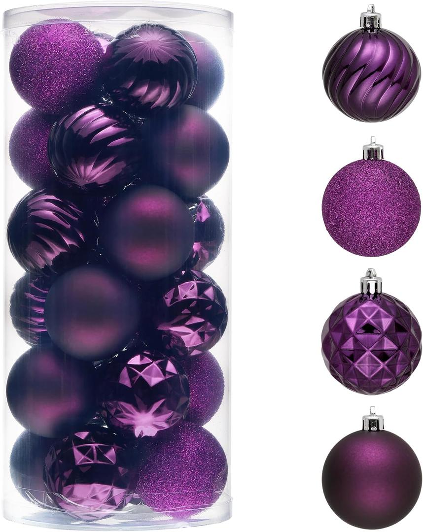 Valery Madelyn Christmas Tree Decorations Ornament Set Decor, 24ct 2.36 Inches Purple Shatterproof Christmas Ball Ornaments Hanging Xmas Holiday Party Decor