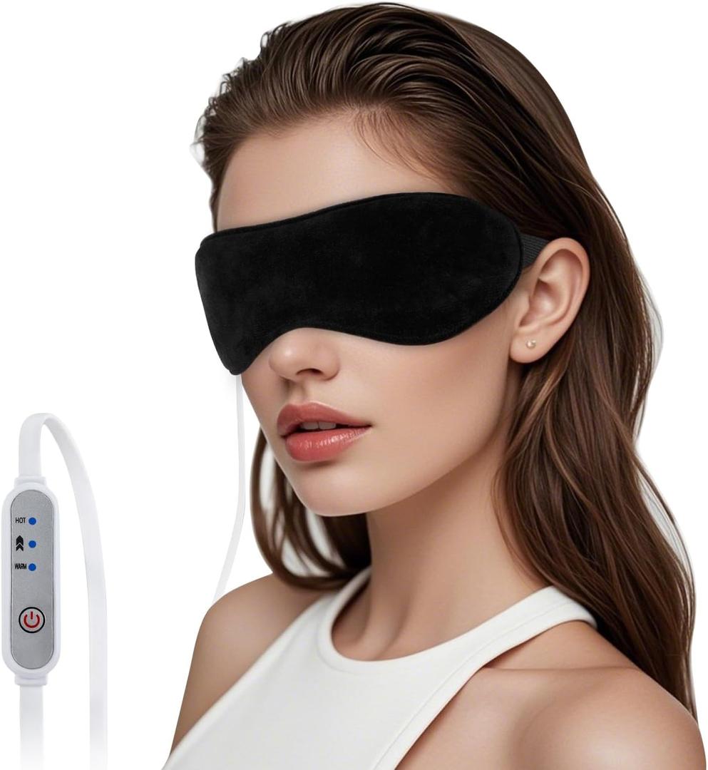 Heated Eye Mask, Graphene USB Warm Compress for Dry Eyes, Blepharitis, Stye and MGD Relief, 3 Temperature Levels with Washable Cover, Adjustable Strap (Black)