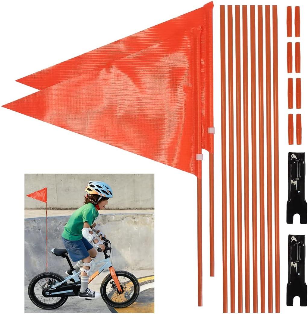 Bike Safety Flag with Pole 2 Sets, 6-Foot Adjustable Height Sturdy Fiberglass Tear-Resistant Waterproof Orange Safety Flag (Orange and Red)