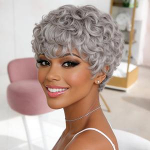 Besteffie Pixie Cut Wigs Human Hair for Black Women, Grey Short Curly Wave Pixie Cut Wig Brazilian Virgin 100% Human Hair Glueless Layered Pixie Curly Wigs With Bangs for Daily Use