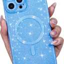 for iPhone 12 Pro Max Case Glitter Compatible with Magsafe, Girly Cute Sparkly Magnetic Mag Safe Pretty Phone Case for Women, Bedazzled Bling Sparkle Slim Bright Silicone Rubber, Light Blue