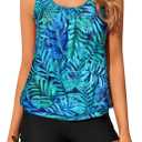 Yonique Blouson Tankini Swimsuits for Women 2 Piece Bathing Suits Tops with Boyshorts Modest Loose Fit Swimwear (Large, Green Leaf)