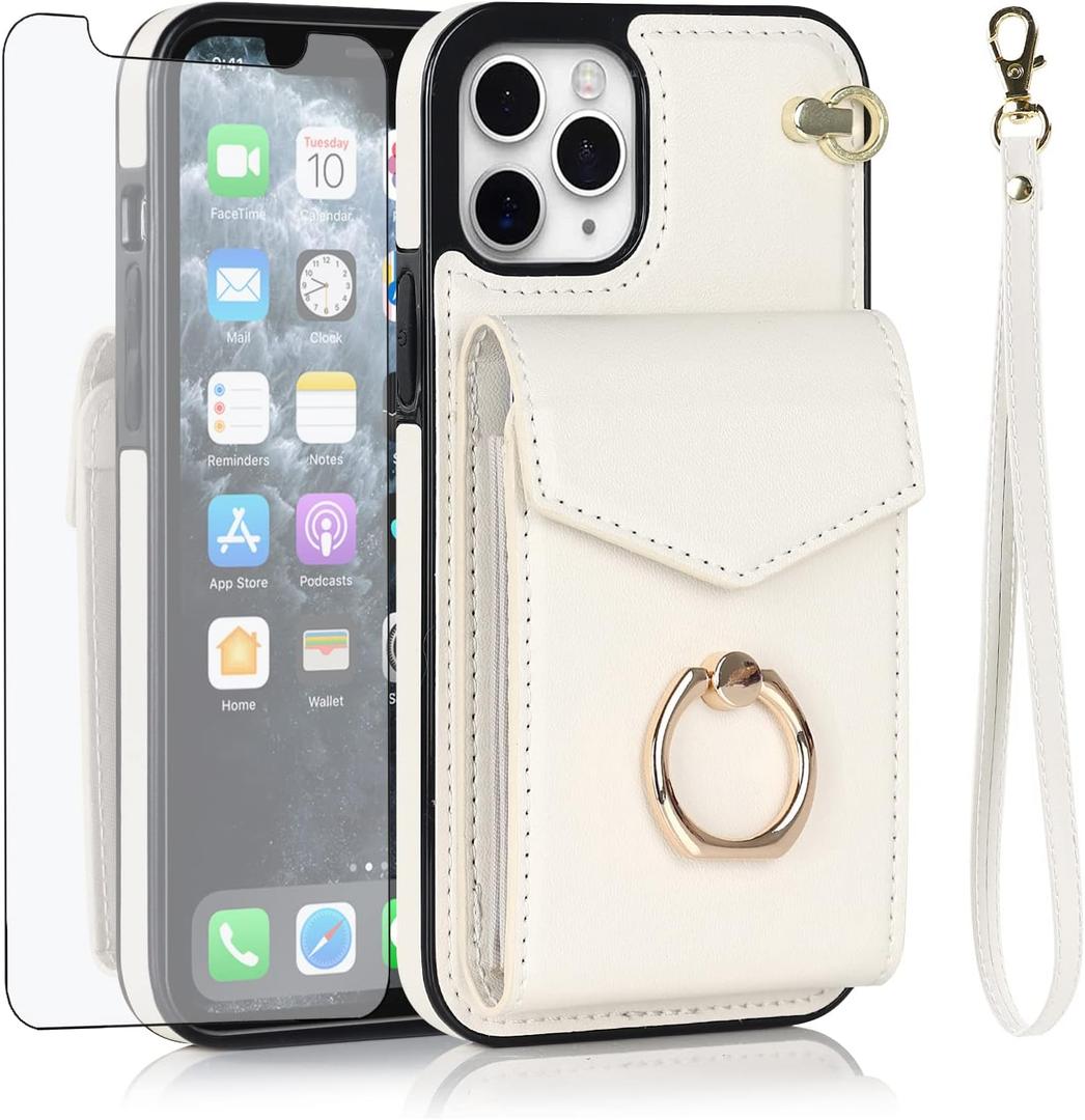 Asuwish Phone Case for iPhone 11 Pro 5.8 Wallet Cover with Tempered Glass Screen Protector and RFID Blocking Ring Stand Card Holder Cell Accessories iPhone11pro iPhone11 i XI 11s 11pro Women Off White