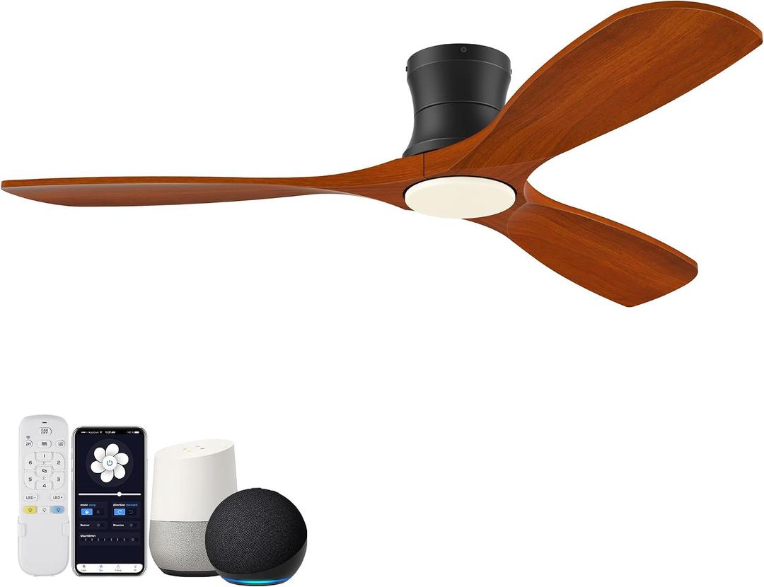 Hoenofly 52 Smart Wood Flush Mount Ceiling Fans with Lights Remote,Quiet DC Motor,Outdoor Indoor Low Profile Ceiling Fan,Voice Contorl with WIFI Alexa App Control,Modern fan for Bedroom Patio
