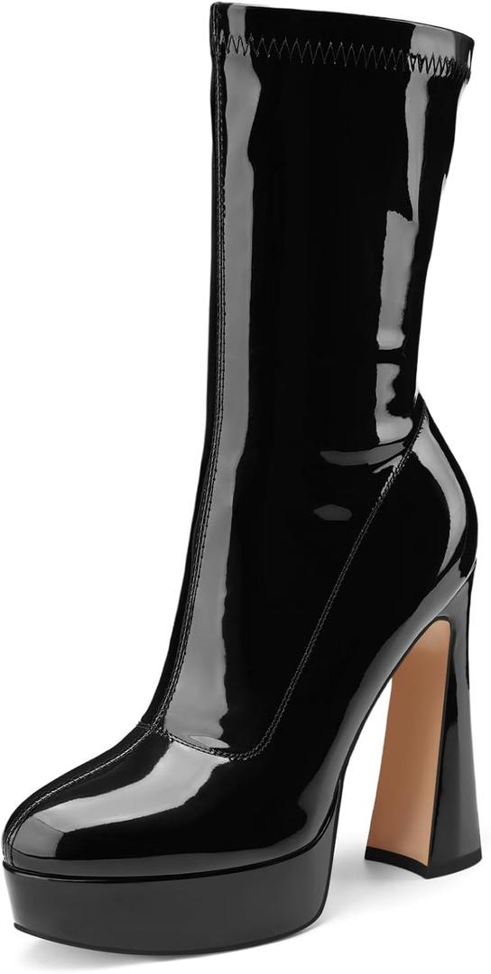 Women's Mid Calf Platform Boots Round Toe High Heel GoGo Short Boots Chunky Heel Comfortable Booties with Side Zipper for Ladies Sexy Cute (US 9, Black Patent)