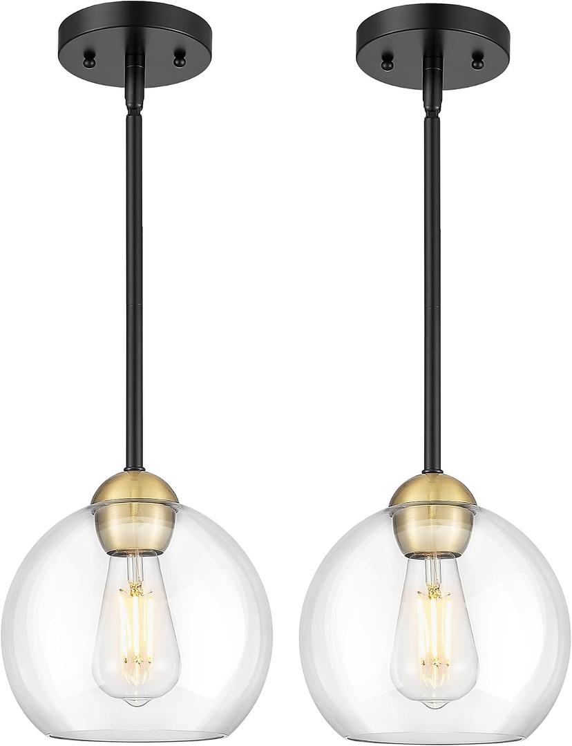 Emak Modern 8 Inch Glass Pendant Lights Kitchen Island, 2 Pack Black and Gold Pendant Light Fixtures, Farmhouse Globe Island Lights for Kitchen, Dining Room, Bathroom, PL121-BKBGD-CG-2PK