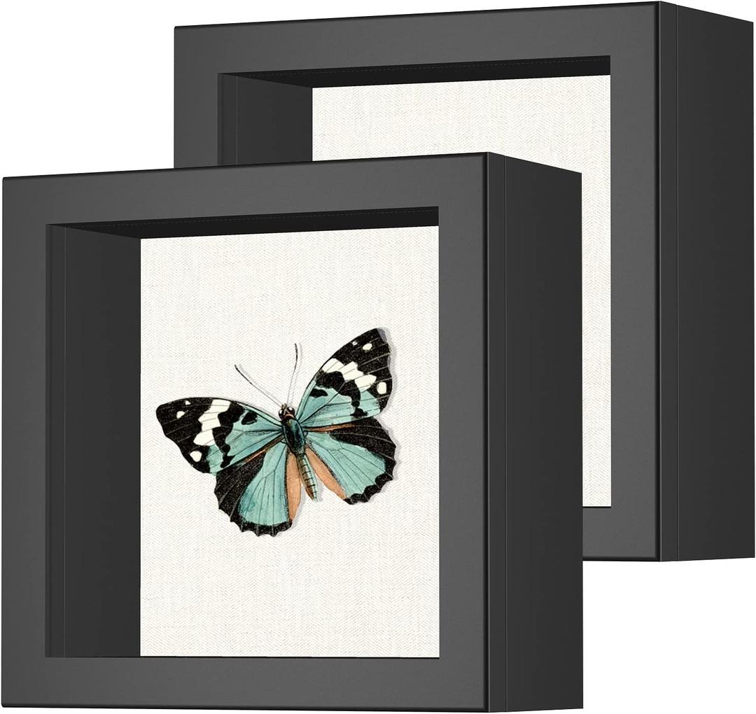 2 Packs 5x5 Shadow Box Frame with Linen Back - Sturdy Rustic Memory Display Case of Flower, Pictures, Medals and More, Black
