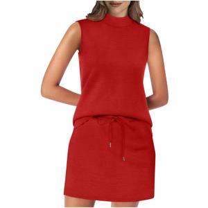 Two Piece Skirt Set for Women Sweatsuits Tennis Outfits Workout Casual Mock Neck Sleeveless Top Elastic Short Skorts (Medium, Red)