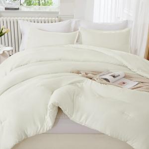 Litanika Ivory Comforter Set Queen Size, 3 Pieces Lightweight Solid Bedding Comforter Set, All Season Fluffy Bed Set (90x90In Comforter & 2 Pillowcases)