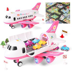 Dwi Dowellin Pink Airplane Toy with 6 Truck Cars and Play Mat,Plane with Lights and Sounds for 3 4 5 6 7 Years Old Toddlers Boys and Girls
