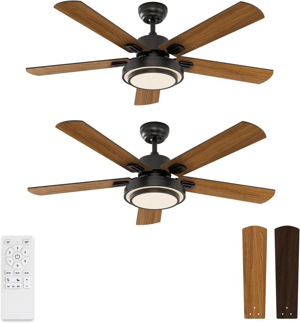 warmiplanet Ceiling Fans with Lights and Remote Control, 52 Inch, 6 Speeds Reversible DC Motor, 3 Color Dimmable Light, Timer, Noiseless, Black/Dark Walnut, 5 Blades, 2 Pack