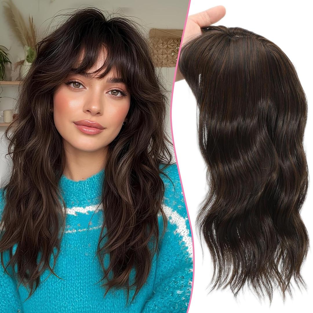TYQ Hair Toppers for Women with Thinning Hair 18 Inch 360 3D Synthetic Toppers Hair Pieces Curly Wavy Wispy Clip in Bangs(Dark Brown Mixed Chestnut)