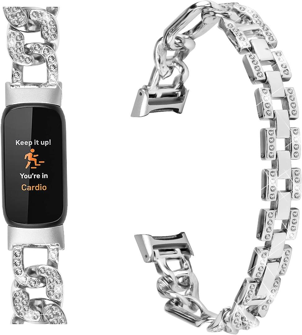 Metal Band Compatible with Fitbit Luxe Bands for Women Shiny Rhinestone Bracelet Strap Adjustable Replacement Bands for Fitbit Luxe Tracker (Silver)
