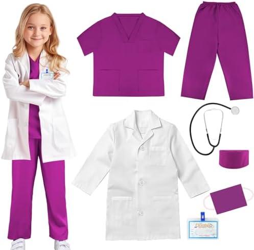 COTATERO Doctor Scrubs Costume for Kids With Stethoscope Lab Coat Career Day Costume Doctor Dress Up For Boys Girls Size 150
