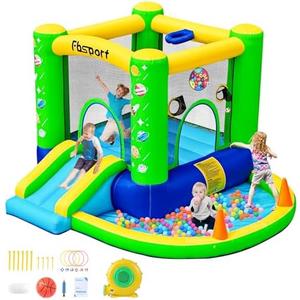 FBSPORT Inflatable Bounce House, Kids Bounce Castle Slide for Indoor Outdoor,Toddler Baby Jumper Bouncer, Kids Jumping Bouncy House with Blower, Ball Pit Pool, Basketball Hoop, Dart Game, Green