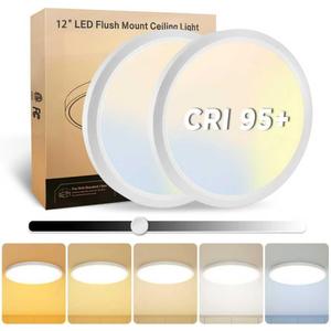 EOSMILE 2Pack 12 Inch LED Flush Mount Ceiling Light, 25W, 3000LM, CRI 95+, 2700K-5000K 5CCT & Dimmable, White Round Surface Flat Panel Light for Hallway, Kitchen, Bedroom, Laundry Room
